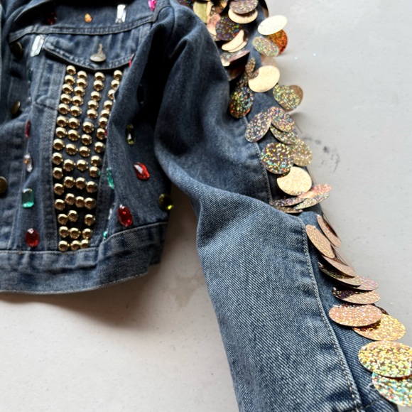 NWT Studded Denim Jacket with Gold and Multicolor Accents. Size M available. - Picture 3 of 9